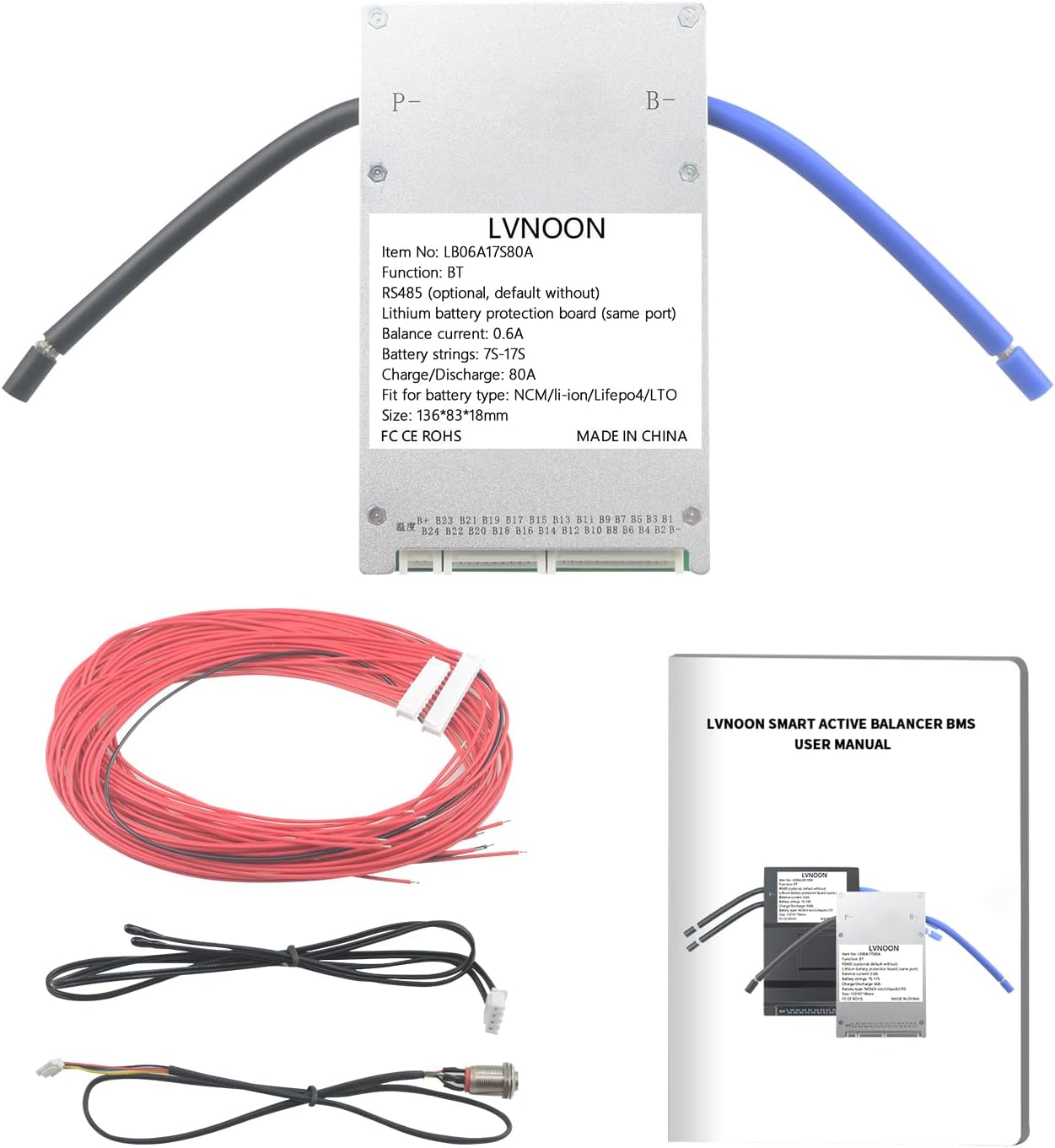LB06A Smart Active Balancer BMS Lithium Battery Protection Board for Li-ion NCM LFP LiFePo4 Battery Management System 7S 8S 10S 12S 16S 17S 80A 24V 48V with APP Control (7-17S, 80A)