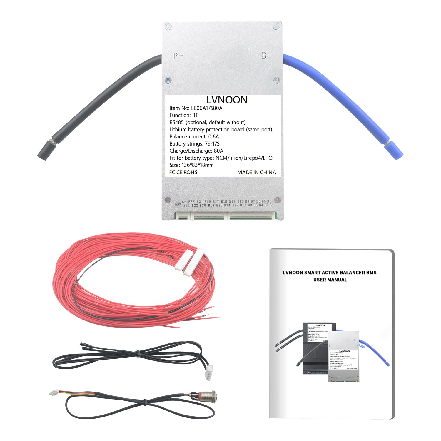 LVNOON LB06A Smart Active Balancer BMS Lithium Battery Protection Board for Li-ion NCM LFP LiFePo4 Battery Management System 7S to 24S 60A 80A 100A 120A 150A 24V to 84V with APP Control (7-17S, 80A)