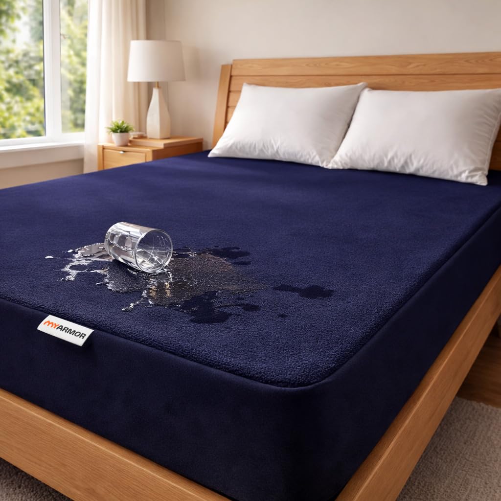 MY ARMOR Waterproof Mattress Protector King Size, 78x72, 6.5x6 feet, Double Bedsheet Cover, Breathable & Allergen Free Ultra Soft Fitted Terry Cotton Feel Cover, Elastic Skirting, Navy Blue