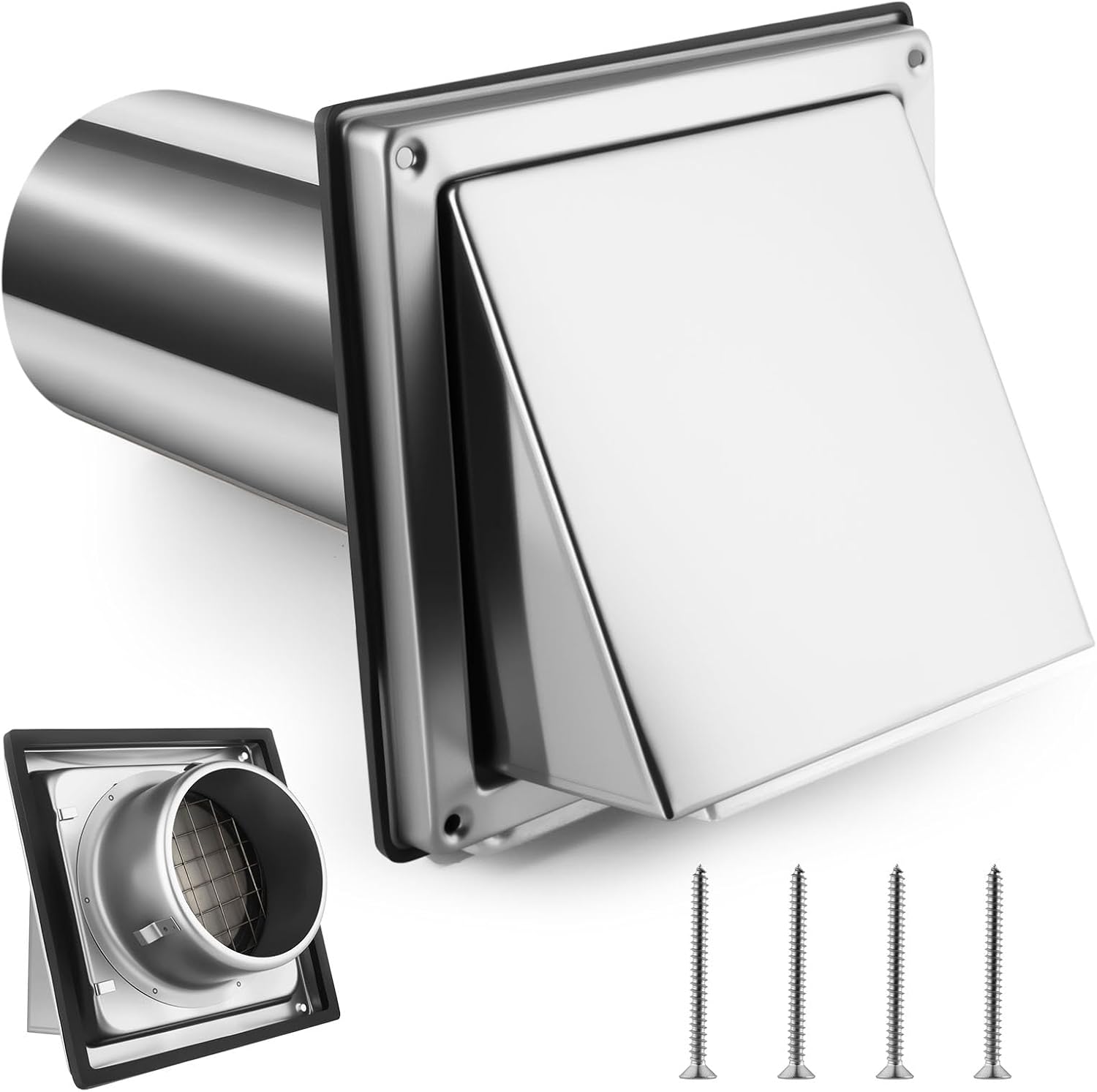 4" Dryer Vent Cover Outside with Screen, Hooded Wall Vent with Non-Return Flap for Kitchen Range Hood Dryer Ventilation (with Detachable Extended Pipe Vent Hood, Stainless Steel)