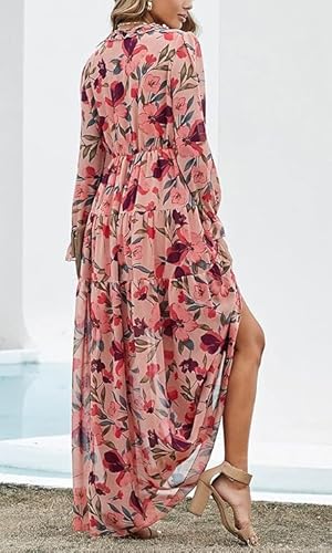 Women Bohemian Maxi Dress Chiffon Long Sleeve V-Neck Ruffle Elegant Flowy Floral Party Dress (XL, Multicoloured) - Image 5