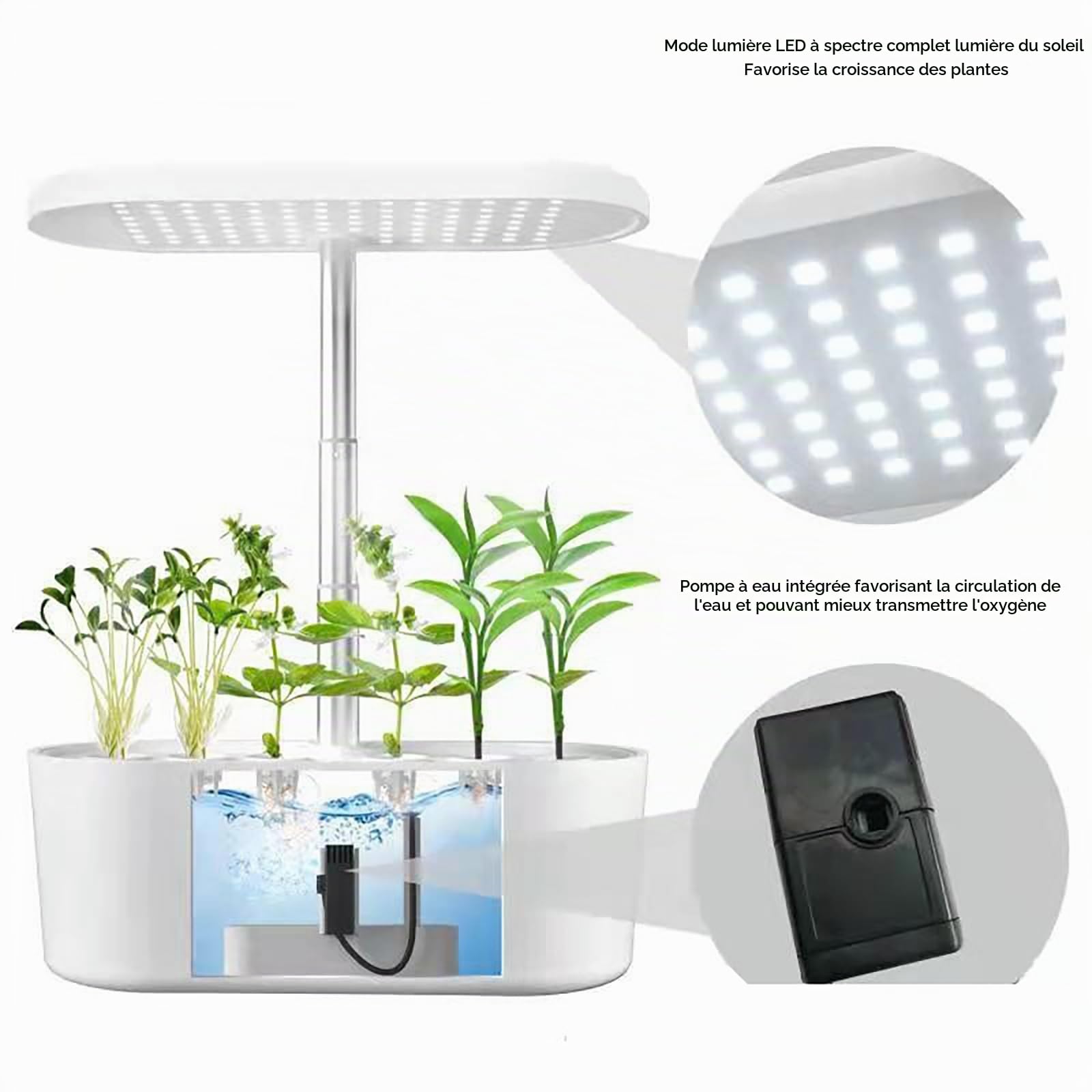 Jardin D'Plant Hydroponique, Lampe LED pour Plantes,10 Pods, Kit De Germination pour Jardin D'Herbes Aromatiques, SystèMe De Pompe Silencieux, éCran Tactilehauteur RéGlable (Blanc)
