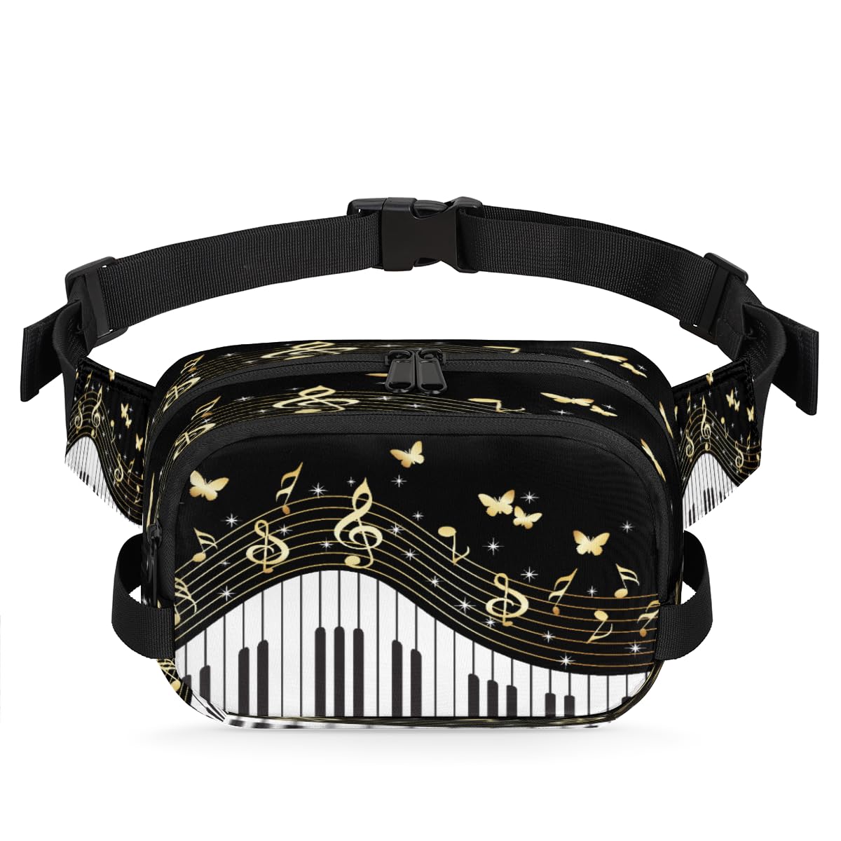 Musical Notes Illustration Waterproof Fanny Pack for Women Men Adjustable Waist Bag with Double Zipper Pockets Lightweight Square Hip Pack for Running Travel Hiking Workout Cycling