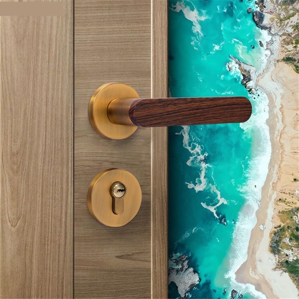 Zinc Alloy Door Lock Set Gold Silver Imitation Walnut Wood Handle Split Locks 1Pcs(Yellow Brozen,with Key for Door)