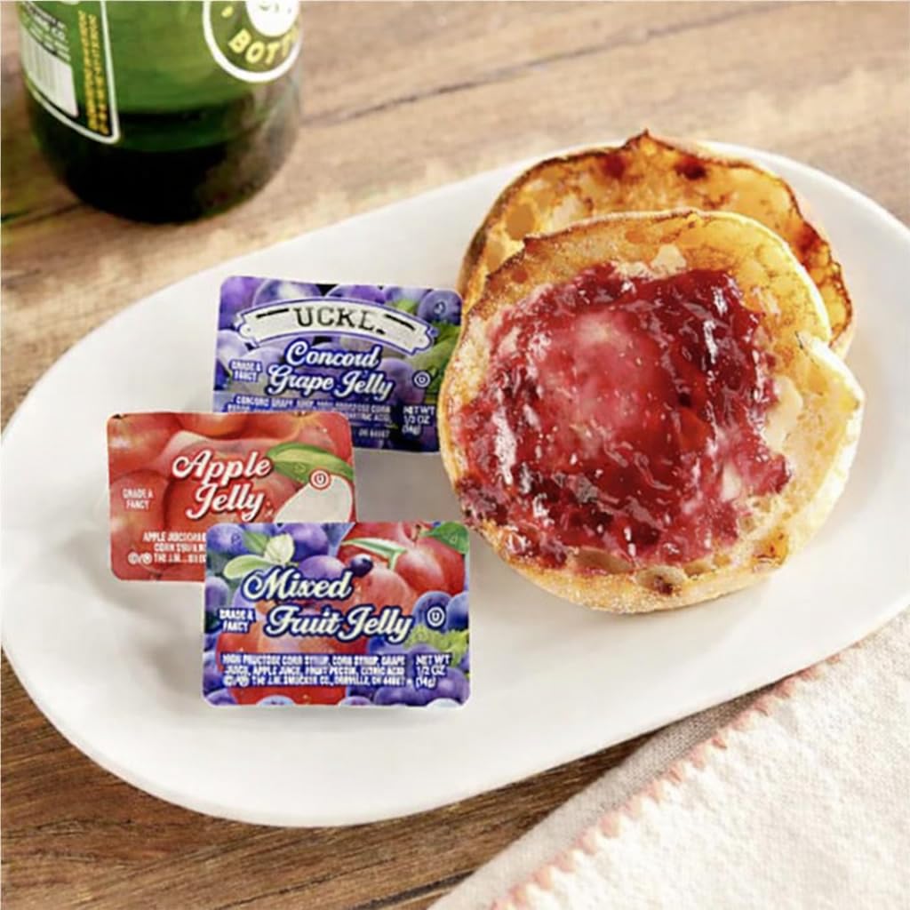 Assorted Jelly & Jam Cups Variety Pack, 0.5 oz Single Serve Portions – Apple, Grape, Strawberry Jam & Mixed Fruit Jelly – 60 Count Individual Mini Cups for Breakfast, Hotels, Restaurants, Lunchboxes & Catering