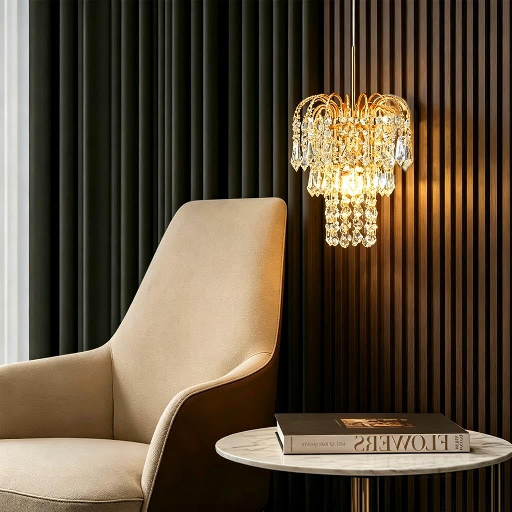 Moderne Pendelleuchte Luxuriöser Kristallleuchter Mini Goldene Kronenleuchter Mit E14-Sockel 3-Farben Umschaltbar Höhenverstellbar Geeignet Für Schlafzimmer Flur Und Bettbereich