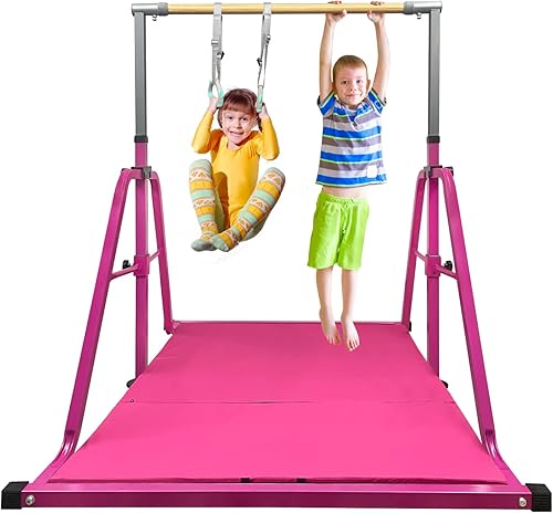 Barra de gimnasia para niños con juego de anillos, 7 alturas ajustables, fácil de plegar, barra de entrenamiento de gimnasia para niños, barras
