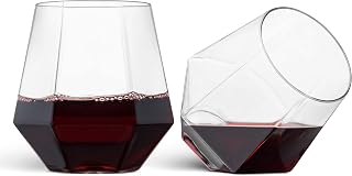 Munfix 32 Pack Diamond Shaped Plastic Stemless Wine Glasses Disposable 12 Oz Clear Plastic Wine Whiskey Cups Shatterproof Recyclable and BPA-Free