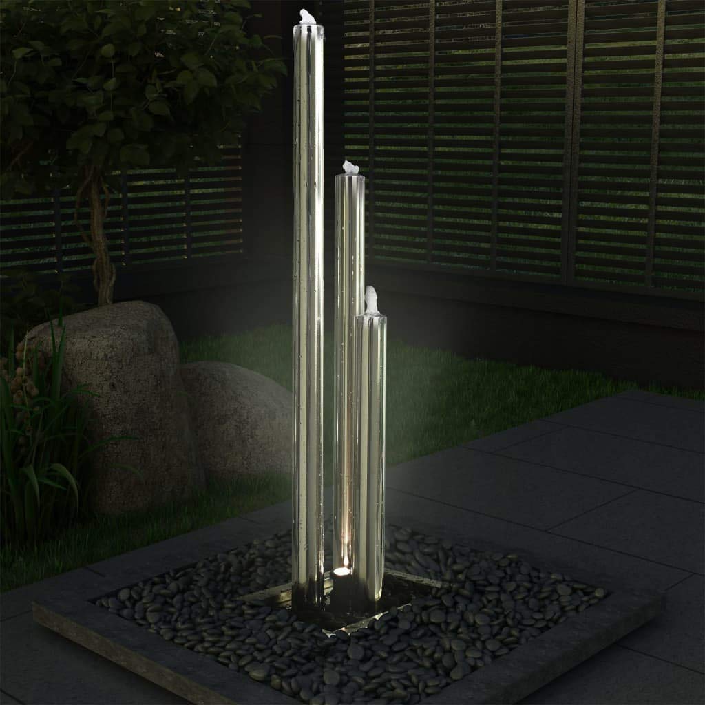 Gartenbrunnen, Edelstahl 304 mit LED warmweiß und Pumpe 2500 L/h, 48 x 34 x 153 cm, für Terrasse und Garten