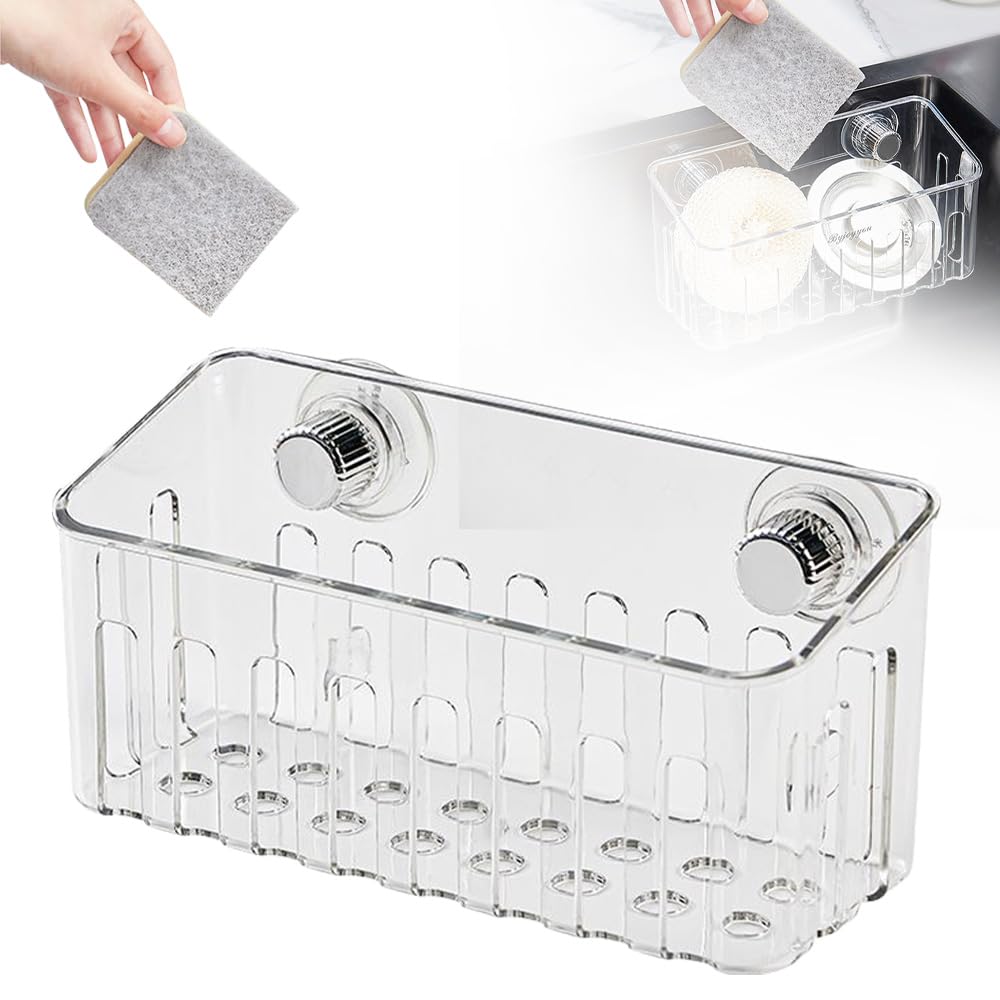 Sponge Holder for Kitchen Sink, 2024 Newest Sink Sponge Holder, Strong Suction Cups Adsorption Sponge Holder Kitchen Sink, Sink Organizer Tidy for Sponge, Brush, Sink Plug and Rag (White)