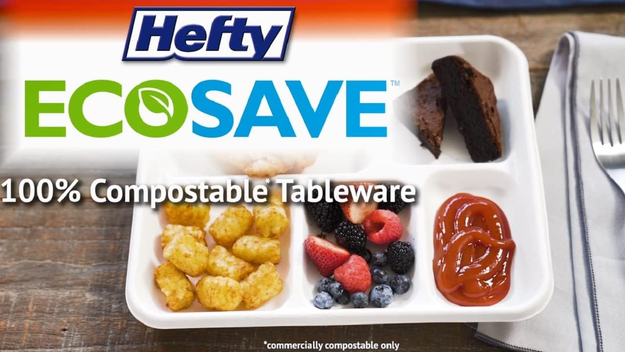 Hefty EcoSave Disposable Compartment Plates, Made from Plant Based Materials, Heavy Duty Paper Plates, 10 ⅛ Inch, 16 Count (Pack of 6)