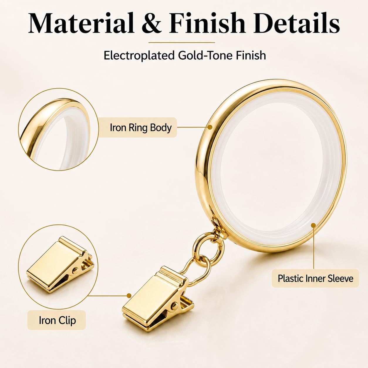 Gold Curtain Rings with Clips, 20 PCS for 1 to 1-1/4 in Rods | Iron rings and removable clips; plastic insert; for panels, drapes, blackout drapes; rod not included