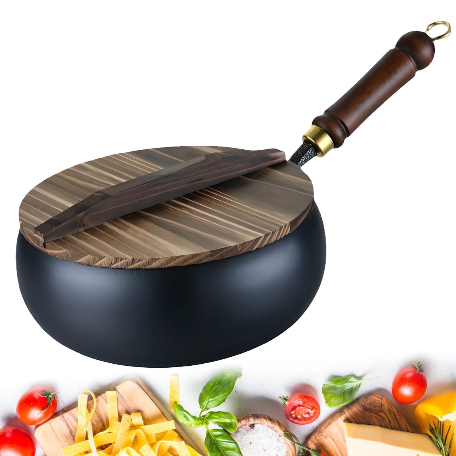 Wok en fer forgé pour cuisine saine en famille avec poignée bois