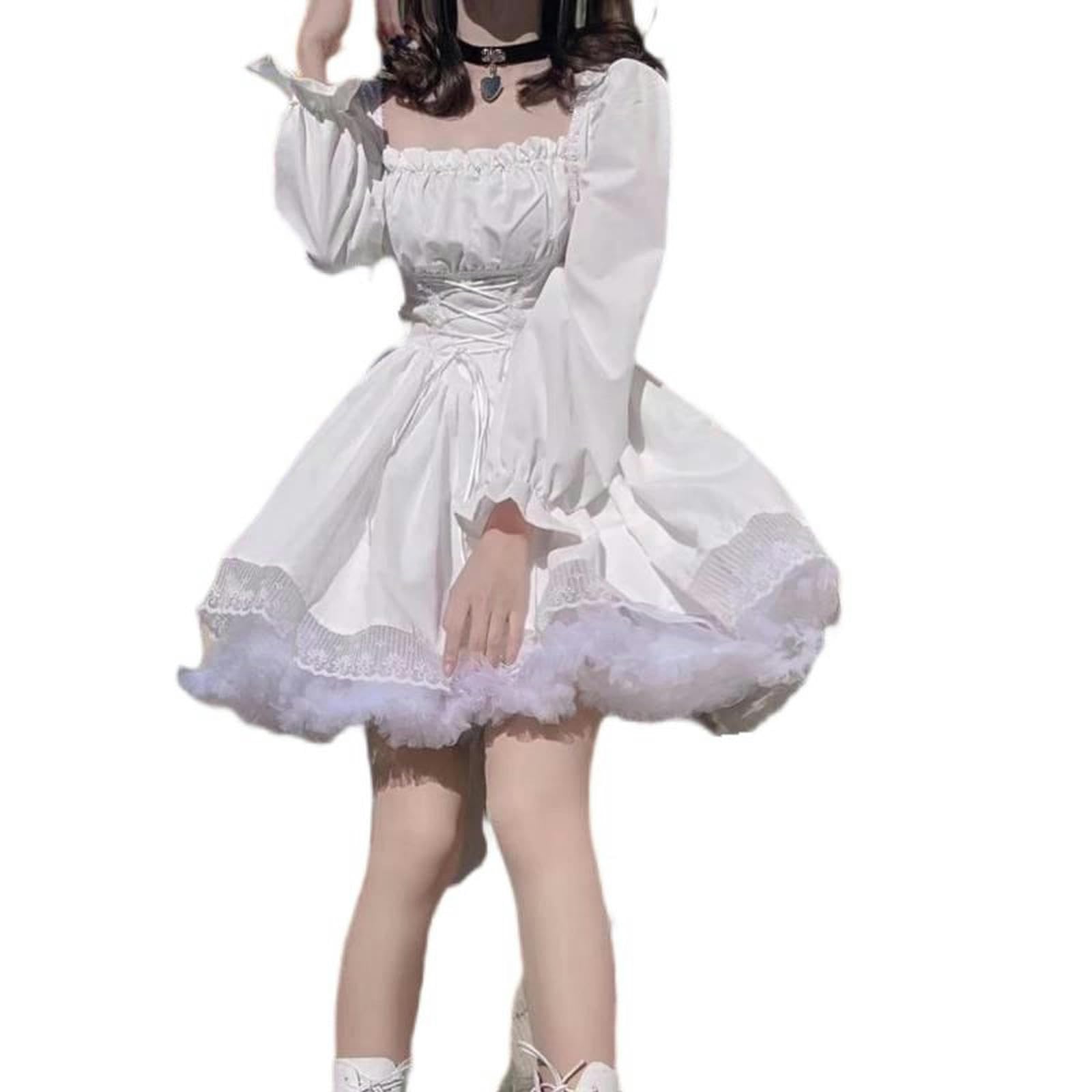 Robe Blanche à Manches Longues en Dentelle Gothique Noire Patchwork Streetwear col carré-Noir-L