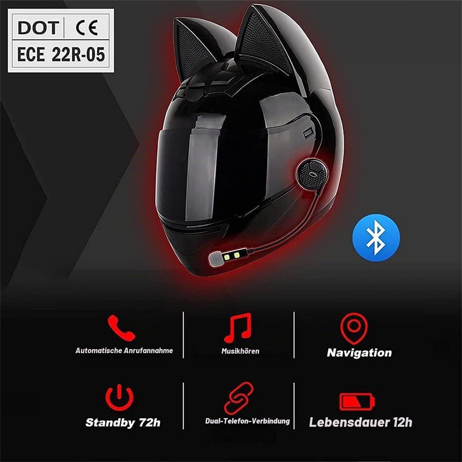 BGMKE Motorrad Modularer Bluetooth-Helm Klapphelm Full Face Motorradhelm Mit Katzenohren ECE Zertifiziert Damen Herren Integralhelme Motorrad Integrierter Roller-Helm Mofa Helm Moped-Helm