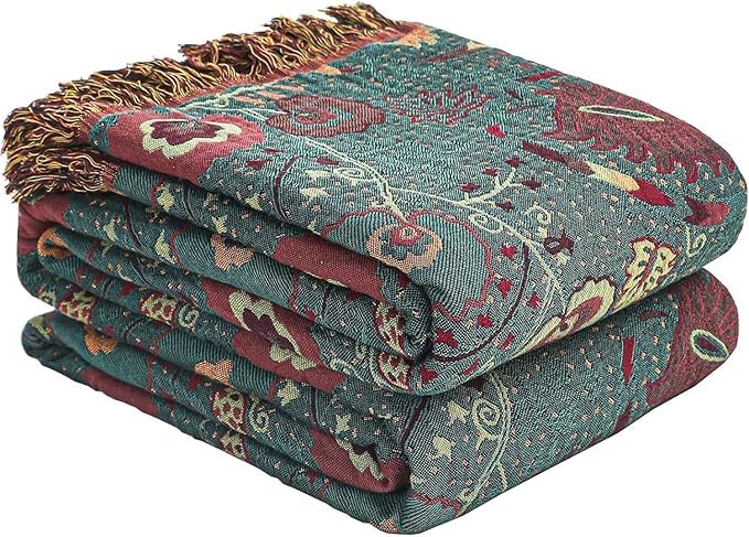 HOORDRY 100% Cotton Boho Throw Blanket for Bed, 4-Layer Gauze Double-Sided Throws for Armchair Sofas Couch Settees,Bohemian Soft and Warm Bedspread Home Decor,Fit All Seasons,130x150 CM,Dark Green โ image 1