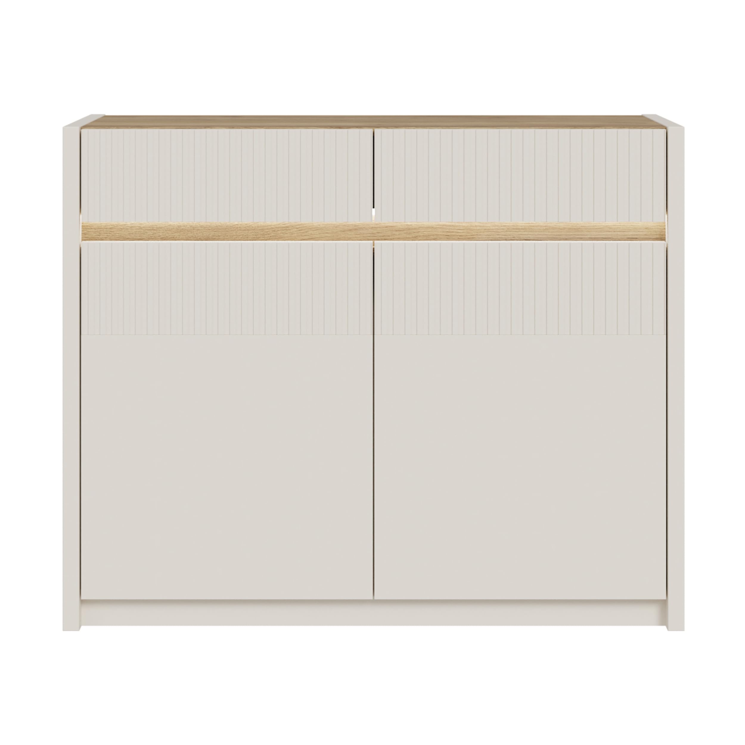 Forte Oak SQUERE Sideboard 100 105, Elegantes Sideboard mit 2 Türen, Beleuchtung und Lamellendesign, Holzwerkstoff, Mauvella Eiche Holzdekor/Sand, 105,3 cm breit x 85,9 cm hoch x 41,5 cm tief