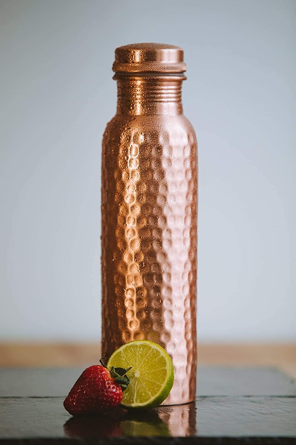 Pure Hammered Copper Water Bottle - Handmade copper drinkware water bottle ayurveda benefit serving copper flask 32 Oz joint free leak proof copper vessel with lid