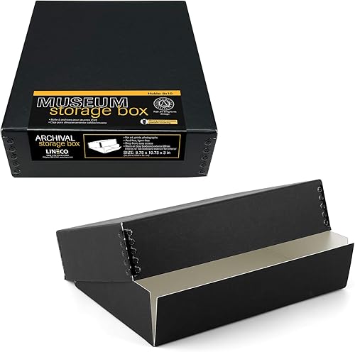 Vista 331 de Lineco, Caja de almacenamiento de archivos de museo de color tostado de 9 x 12 pulgadas, diseño frontal caído. Sin ácidos con borde de metal.