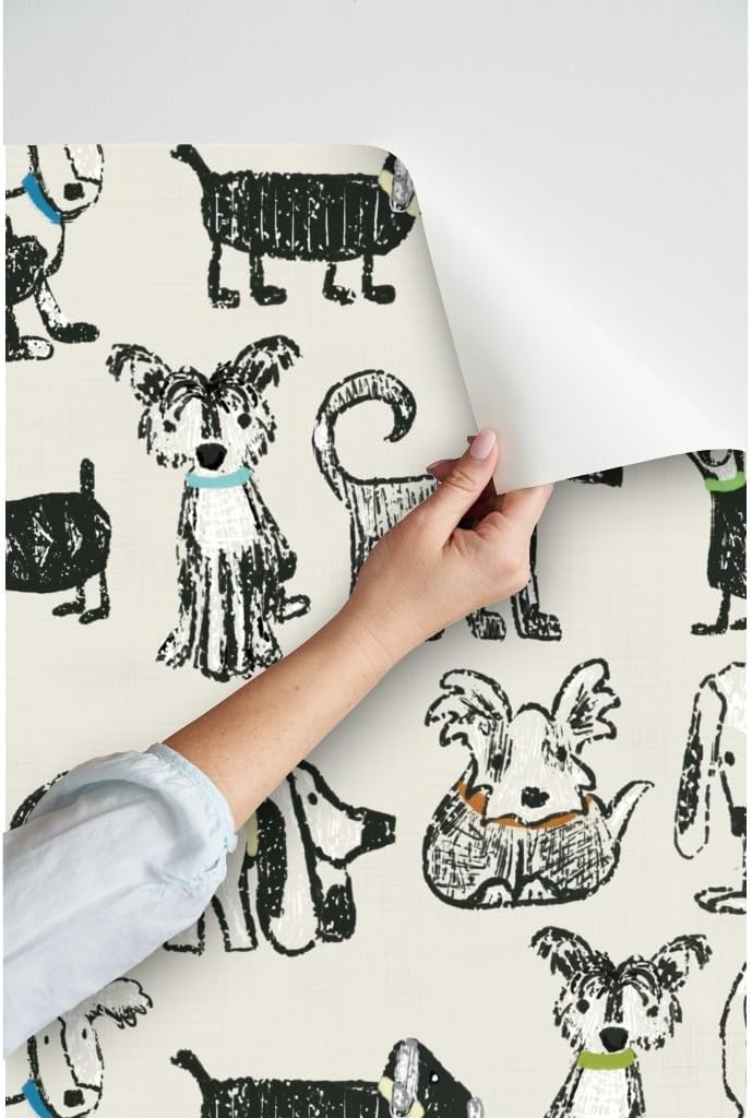 Peel & Stick Wallpaper 6ft x 2ft - Doggone Gender Neutral Black Dogs Pet Animal Puppies Sketch Custom Removable Wallpaper by Spoonflower