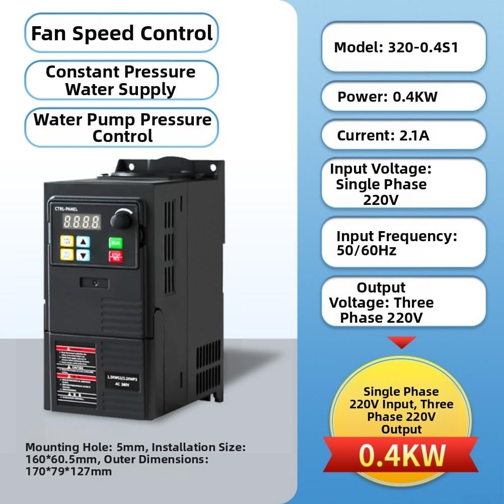 Inverter di frequenza variabile, 0,4 kW, 220 V, ingresso monofase a 3 fasi, uscita con PLC e regolatore PID integrati, per pompe, ventilatori, macchine CNC e nastri trasportatori, compatto, con