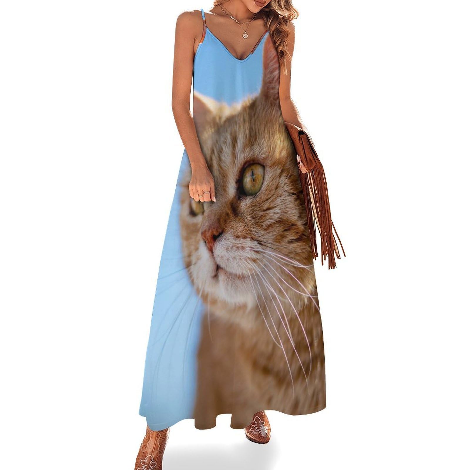 Robe longue chat orange fluide sans manches maxi de qualité été - 7