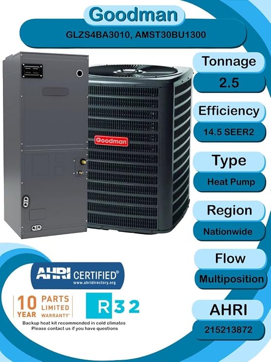 Goodman 2.5 TON 14.5 SEER2 Multi-Position R-32 Heat Pump System with air handler (GLZS4BA3010 condenser and AMST30BU1300 air handler)