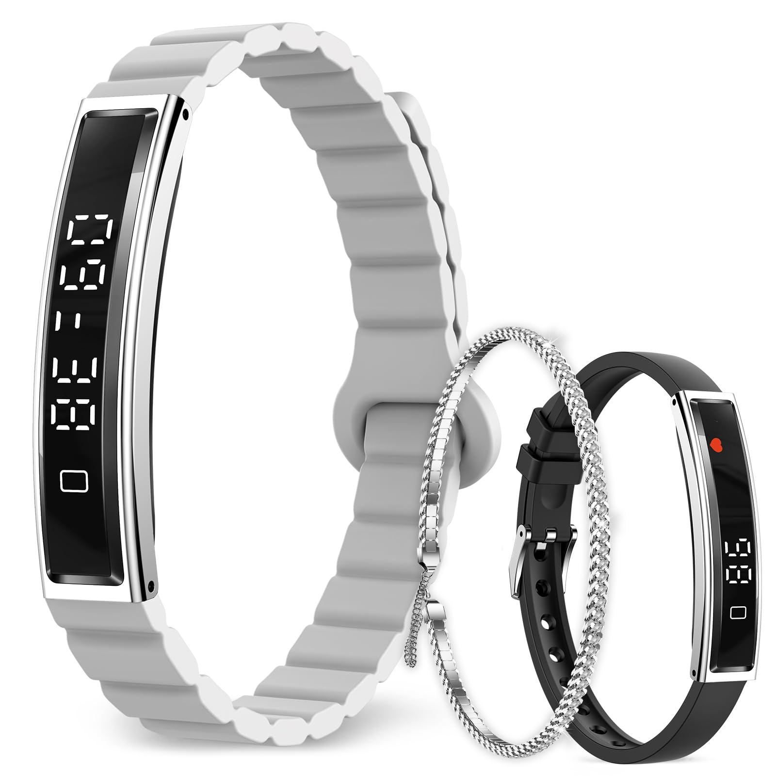 Fitness Tracker Bracelet for Women Men, Slim Smart Bracelet with Heart Rate, Blood Oxygen, Sleep Monitor, Step Counter, Pedometer, Waterproof for Android iPhone, 2 Straps & Chain Bracelet, Silver
