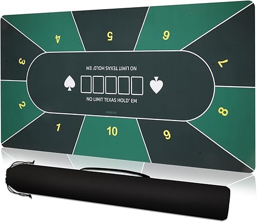 YOMEYOT Poker Table Top Mat 70"x35" Blackjack Poker Mat with Non Slip Rubber Backing and Carry Bag for Home Poker Card Game Night Up to 10 Players (Green)