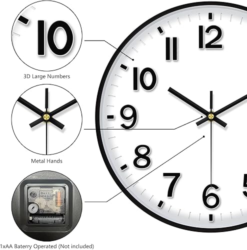 Miniatura 7 de Reloj de pared negro, reloj de pared de 8 pulgadas, funciona con pilas, redondo, moderno, sin tictac, silencioso, digital, analógico, pequeño, reloj