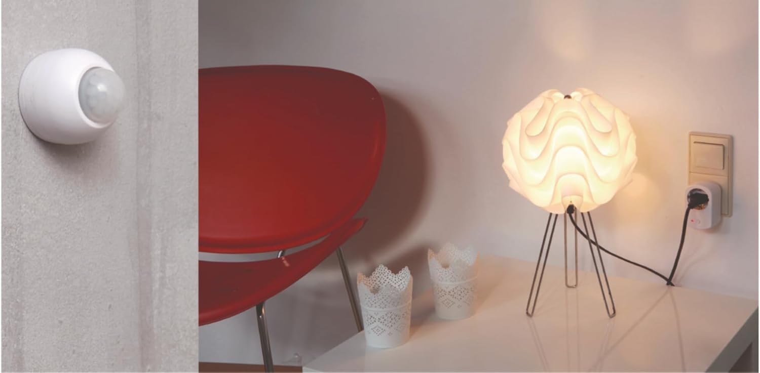Wireless Motion Sensor mounted on a wall and plug in use with a lamp