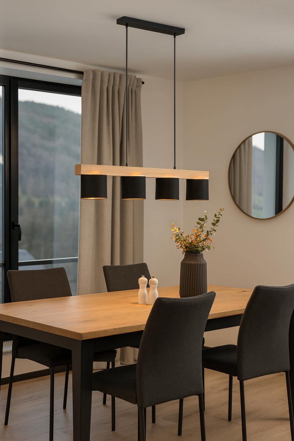Cameron Pendelleuchte, 4-flammige Hängelampe, Schirm aus Stoff in schwarz gold, Korpus aus Holz, Hängeleuchte Esstisch, Höhe: verstellbar bis 150 cm, Breite: 75 cm, exkl. 4 x E14 max. 28W