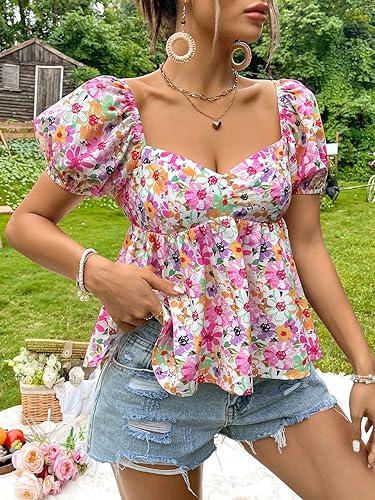 Floerns Women's Allover Floral Print Sweetheart Neck Puff Sleeve Peplum Blouse Top3