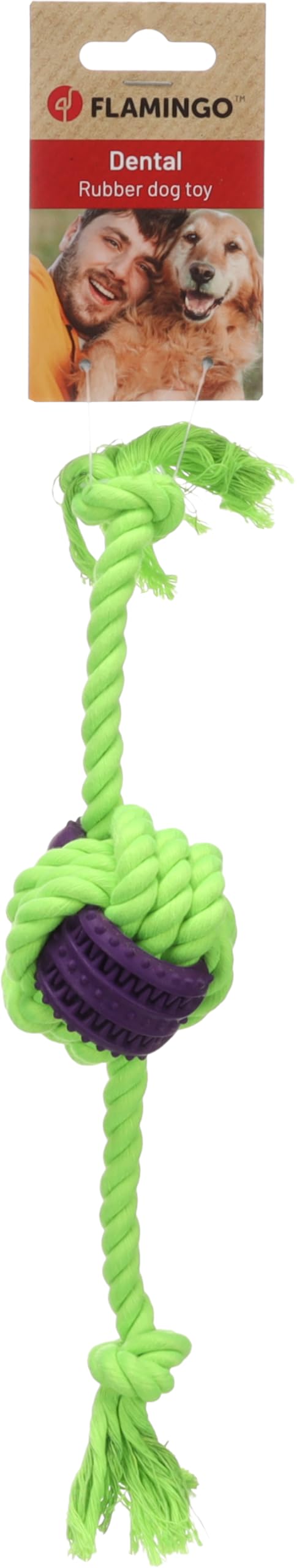 Flamingo TOY GROPA TUG ROPE + RUBBER BALL GREEN/PURPLE S 30x6,5x5,7CM