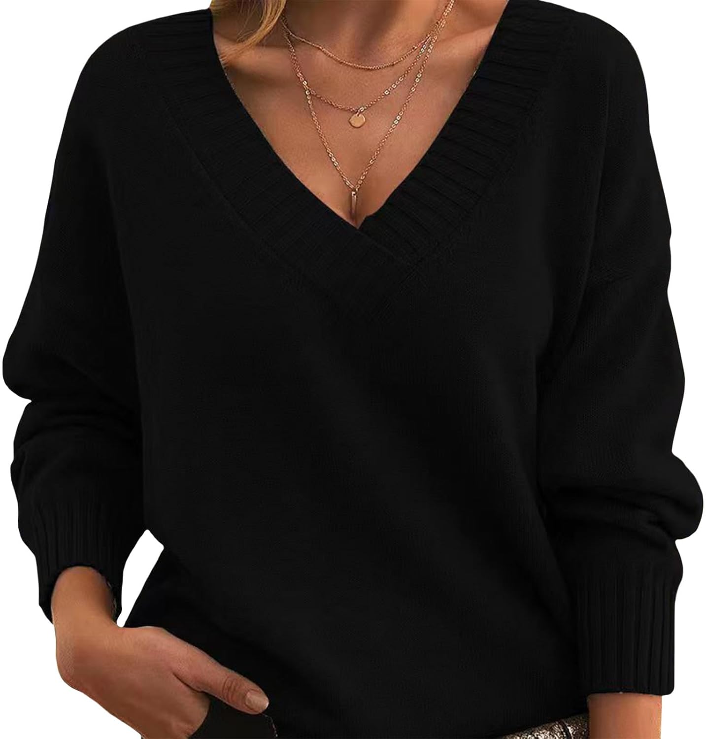 Womens Fall Sweaters Solid Lightweight Ribbed Knit Jumper Loose Fit Sexy V Neck Long Sleeve Pullover Sweatshirt Tops