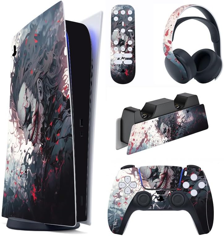 playvital Full Set Skin Decal for ps5 Console Digital Edition, Sticker Vinyl Decal Cover for ps5 Controller & Charging Station & Headset & Media Remote - Killing Clown