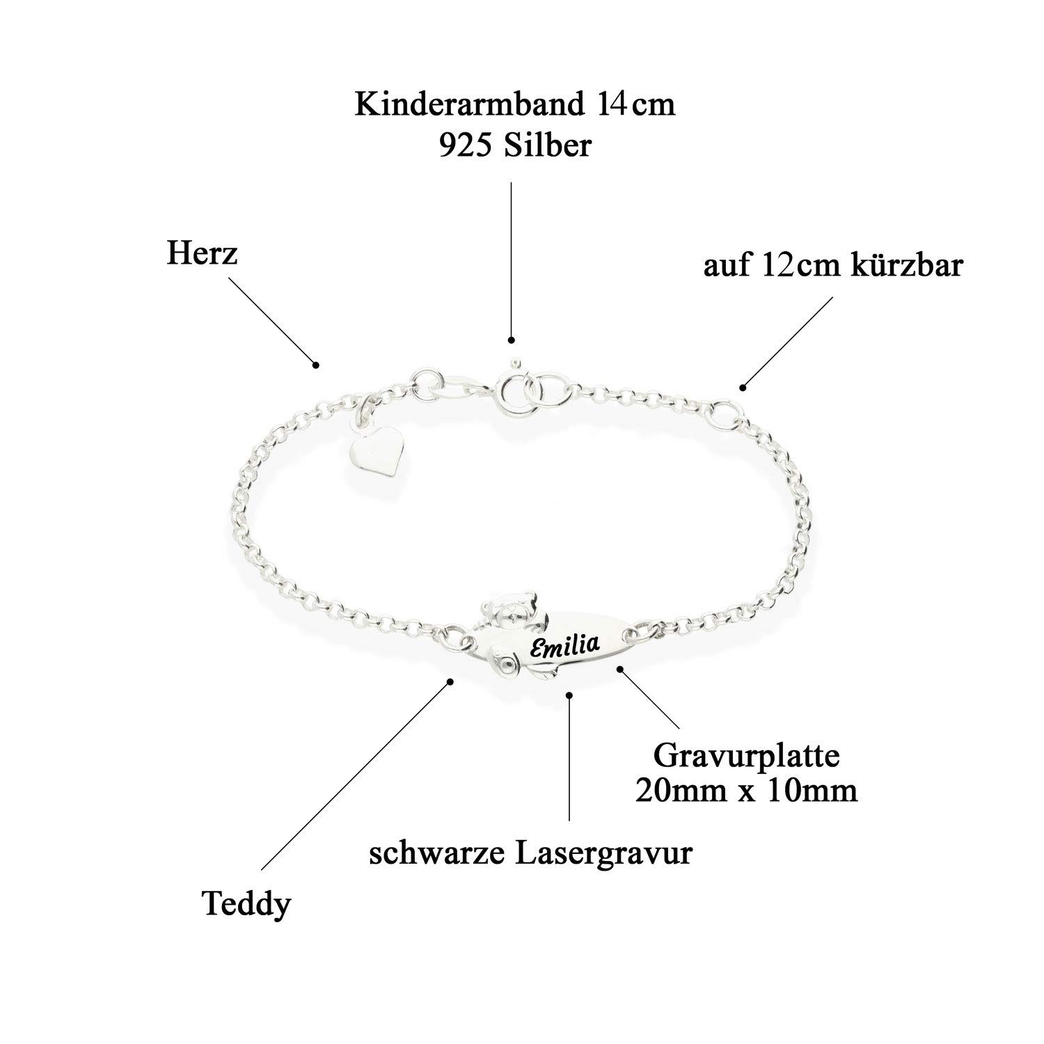 Baby Teddy Kinder Armband mit Gravur 925 Silber 14cm und 16cm ideales Kinderarmband zur Geburt Taufe Taufgeschenk für Mädchen personalisierter Glücksbringer