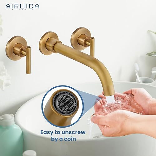 Miniatura 8 de Airuida Grifo de baño montado en la pared de latón antiguo de 3 agujeros, doble manija con boquilla giratoria 360, grifo mezclador de lavabo,