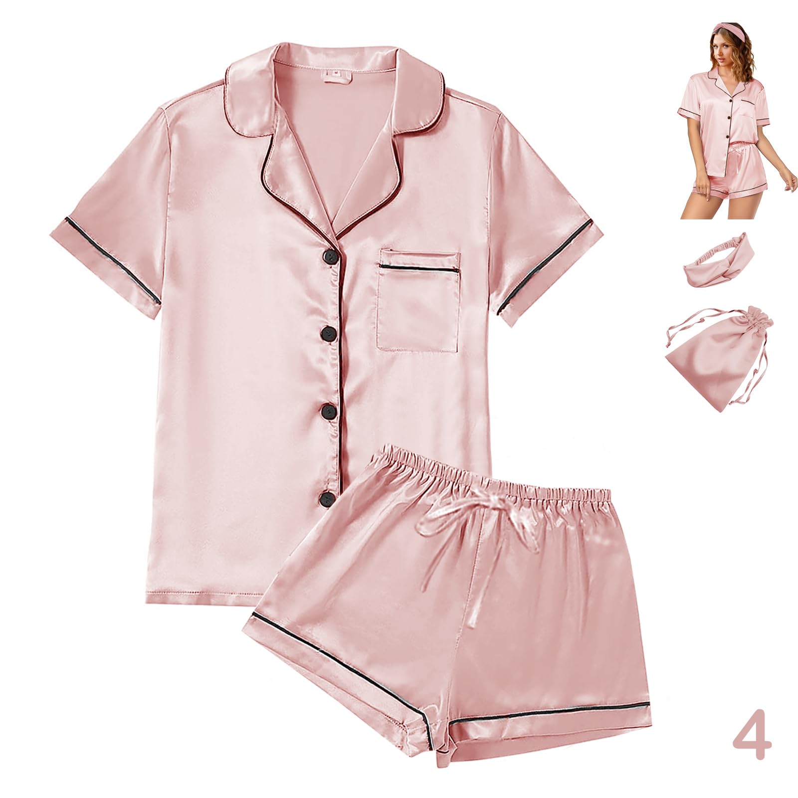 4Pcs Womens Satin Silky Pajama Sets Short Sleeve Shirt XS-4XL Floral Pajamas Set Soft PJ Loungewear Sleepwear