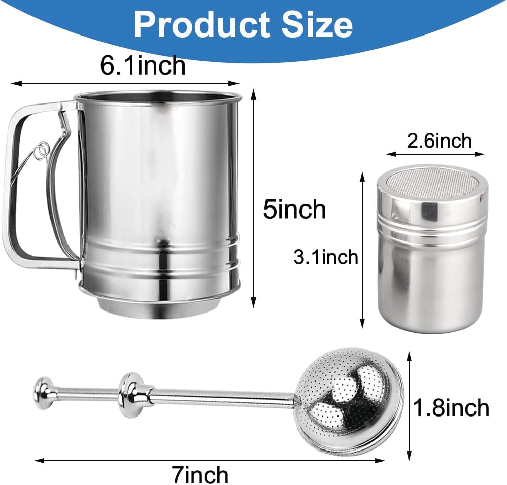 Flour Sifter Stainless Steel 3 Double Layer Fine Mesh Sifter Flour Strainer 3 in1 Sifters for Baking, Powdered Sugar Shaker Duster for Baking Cakes, Pastries, Pies, Cupcakes