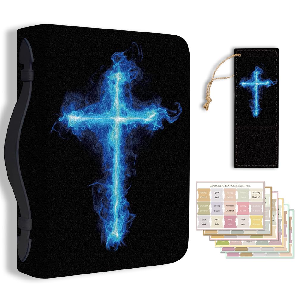 Hobbspring Bible Cover Case for Men Women Cross Book Cover with Bookmark Fluorescent Flame Special Carrying Bible Cases with Handle and Zipper PU Leather Storage Bags for Adults Students(Blue Black)