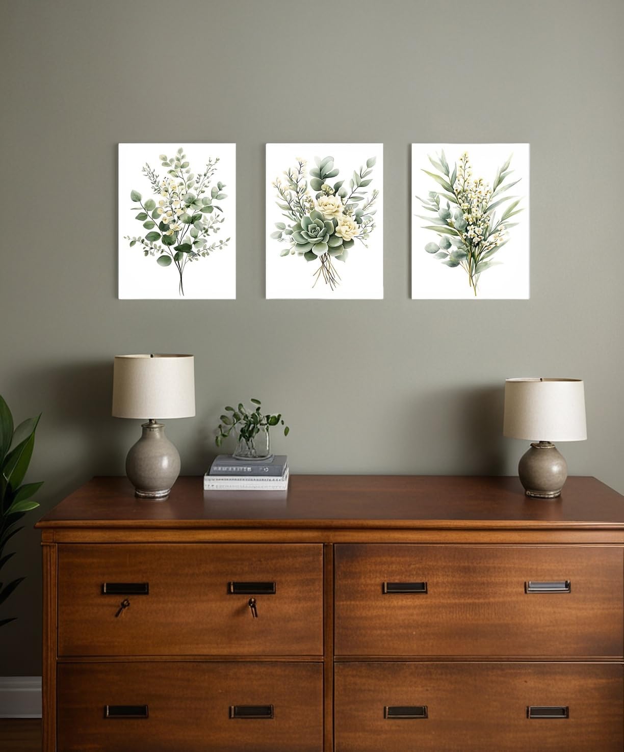 Zessonic Sage Green Botanical Wall Art, Watercolor Framed Canvas Prints Modern Green Plant White Floral Decor for Bedroom Living Room Bathroom Nursery, Set of 3, 12x16 Inch - Ready to Hang