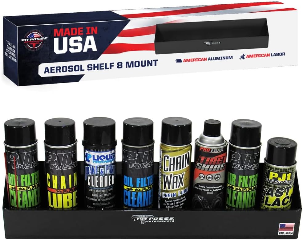 Pit Posse 567BK Aerosol Shelf 8 Mount Spray Can Holder Trailer Garage Cabinet Organizer - Made in USA - Holds 8 Aerosol Cans - Shop Enclosed Race Trailer Accessory Aluminum Multi Use Storage (Black)