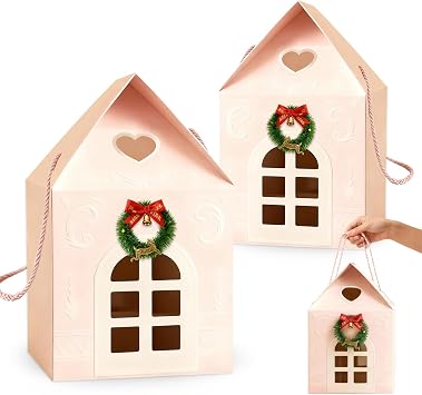 Christmas House Boxes for Gifts, 2Pack Large Christmas Cottage Gift Box, House Shaped Durable Xmas Paper Candy Cookie Packaging Bags with Handles