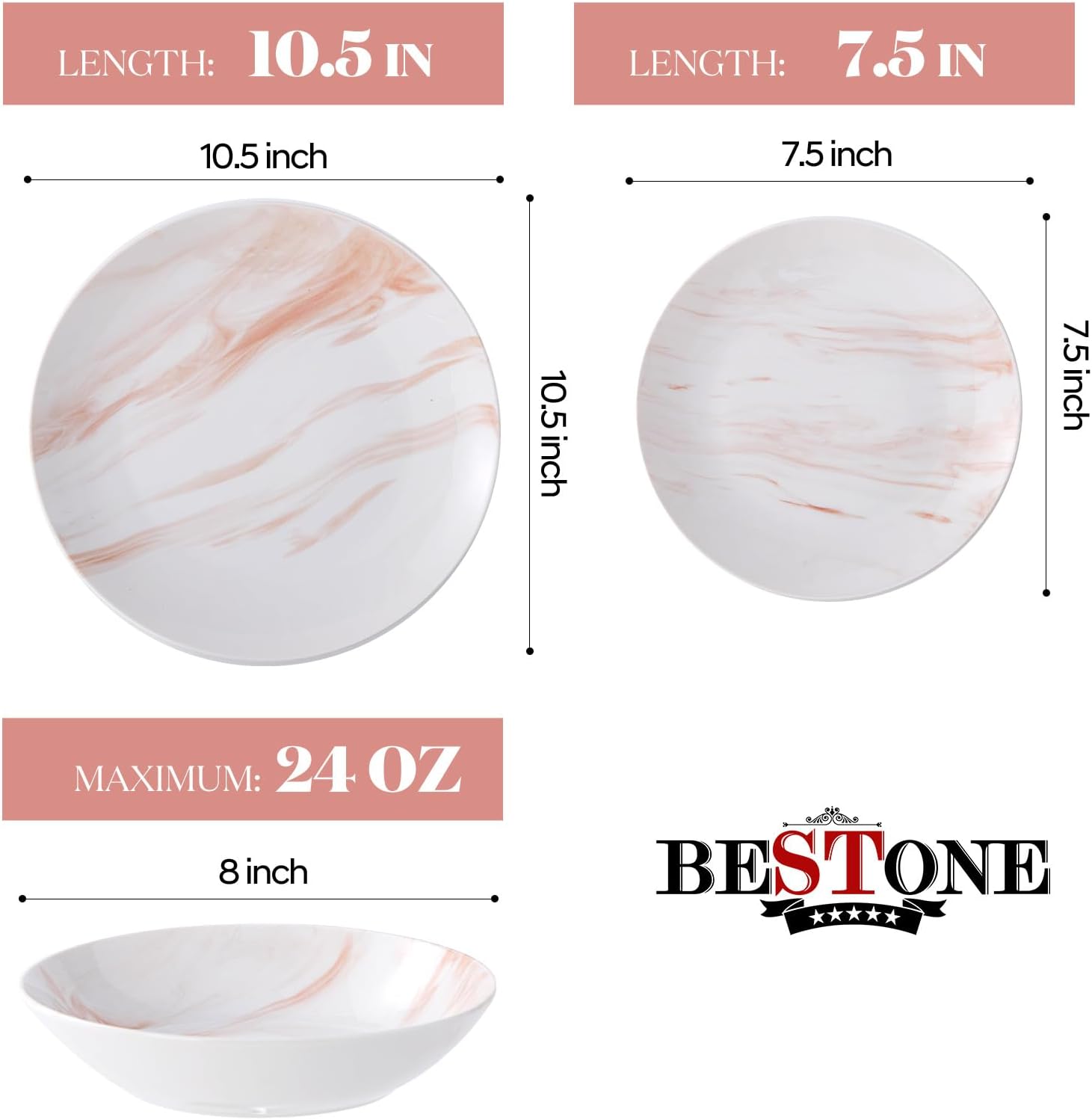 Bestone 12 Pieces Round Kitchen Dinnerware Sets,Plates and Bowls sets,Dishes, Plates, Bowls, Dish Set，Plates and Bowls,Service for 4, Orange and White Marble image 2