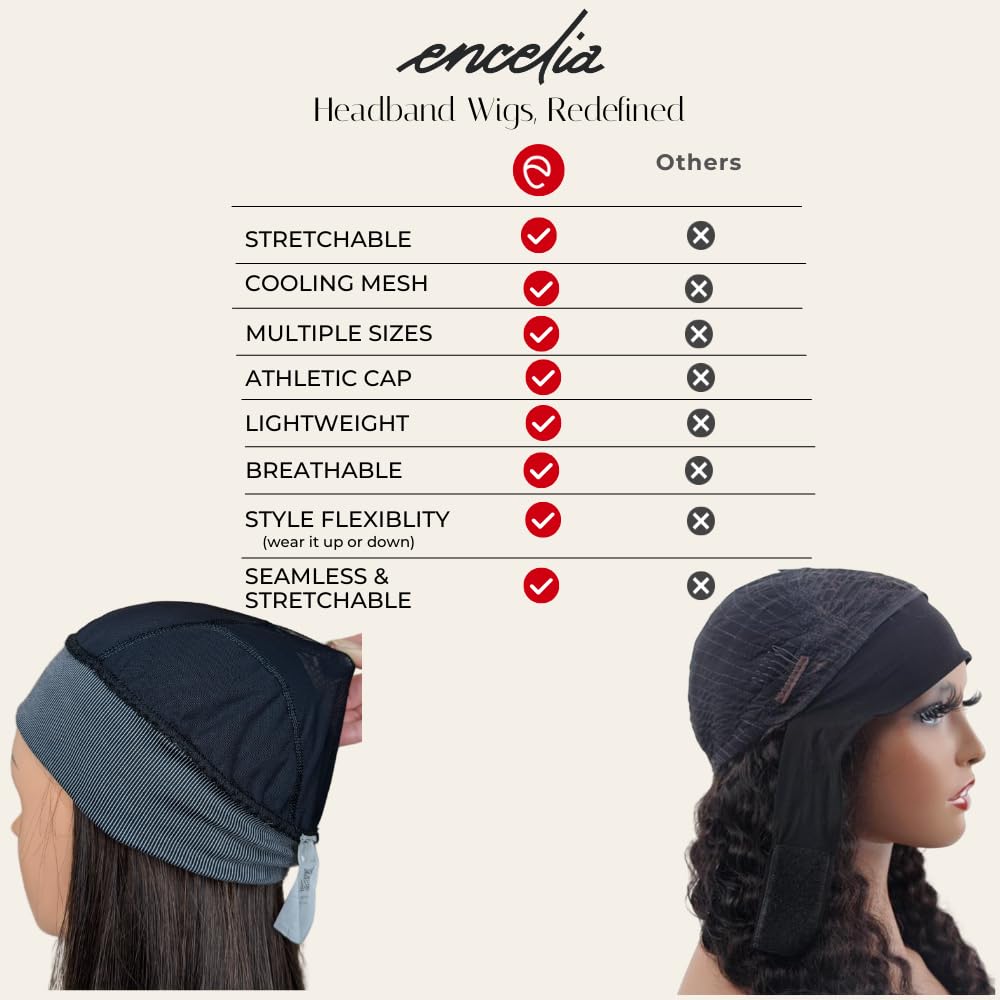 Headband Wigs for White Women Fully Hand Tied, Easy Ponytail Wig, Swim & Sport Wig for Active Lifestyles, Low to Medium Density, Heat Friendly Synthetic (Dark Brown, Average | 20.55"-22" Inches)