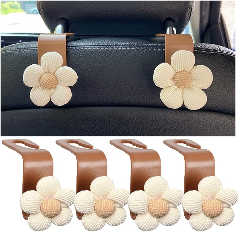 Kit com 4 Ganchos para Encosto de Banco Automotivo KHGUZ com Design de Flor, Organizadores para Bolsas e Sacolas, Bege/Marrom