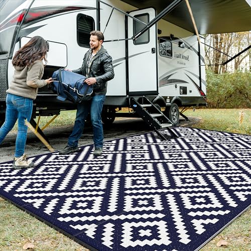 Image of GENIMO Outdoor Rug, Waterproof Plastic Rugs 10'x14' for Camping Blue White | Outside Larger Modern Carpet Mat for Patio Decor, RV, Porch, Camper, Deck, Picnic, Beach, Backyard, Reversible, Foldable