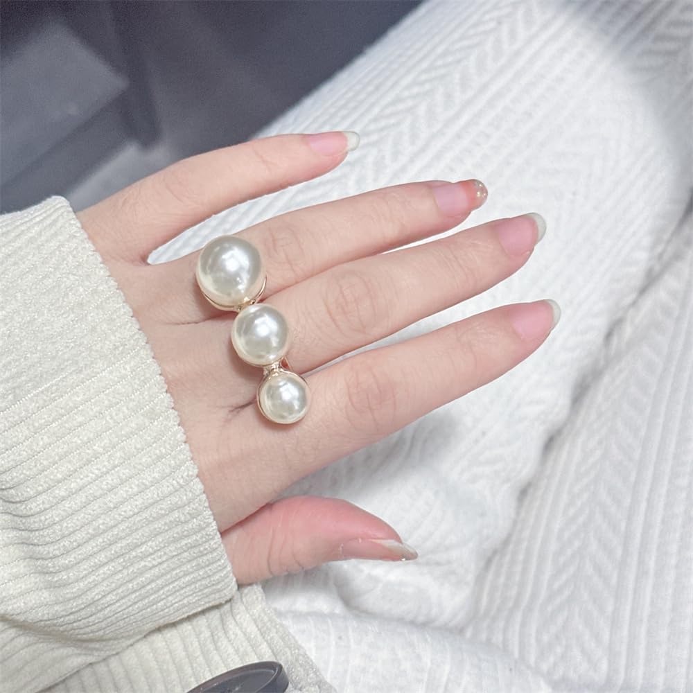 Dtja Round CZ Shell Pearl Statement Ring for Women Gold-Plated Fashion Adjustable Engagement Promise Crystal Big White Balls Open Wrap Finger Rings Comfort Fit Wedding Holiday Jewelry (Shells) - Image 2