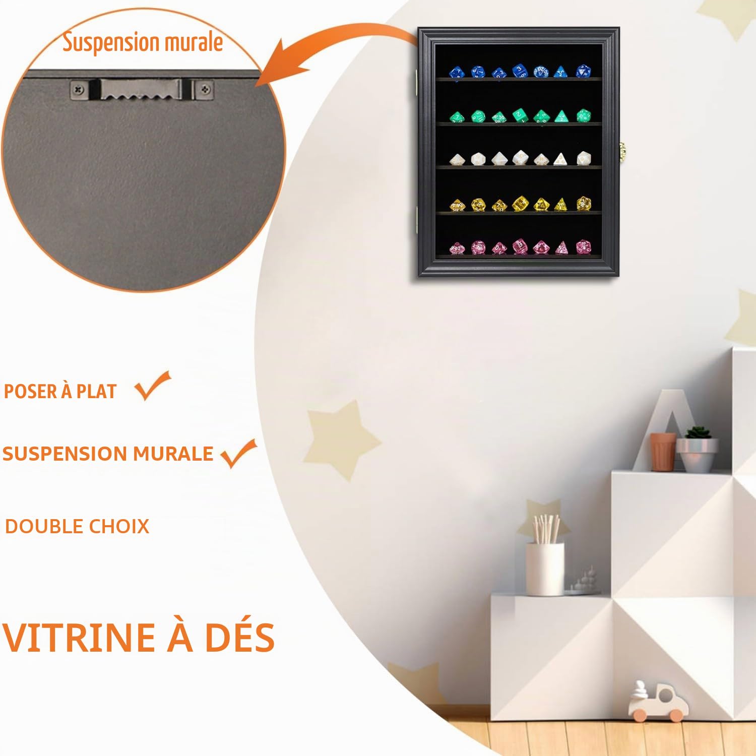 Dreamplay Gift DND Présentoir de dés pour 5 Jeux de dés polyédriques hexagonaux Support Mural verrouillable, Boîte de Rangement des dés 98% protégée Contre Les UV pour Les Nuits de Jeu